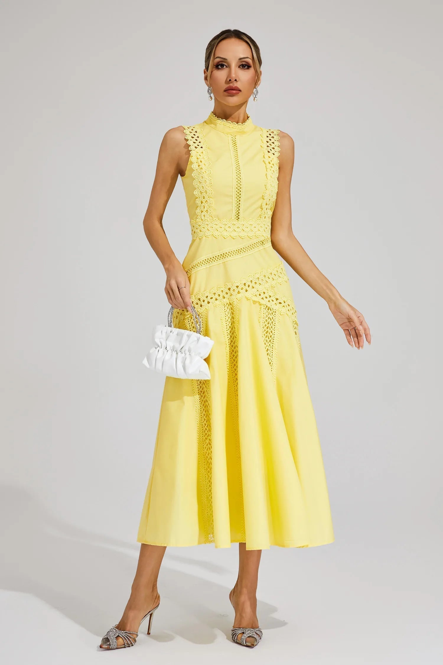 Vestido Midi de Encaje Sin Mangas para Mujeres, Invitada de Boda, Verano, Formal, Elegante, Estructurado, Diurno – Olivia