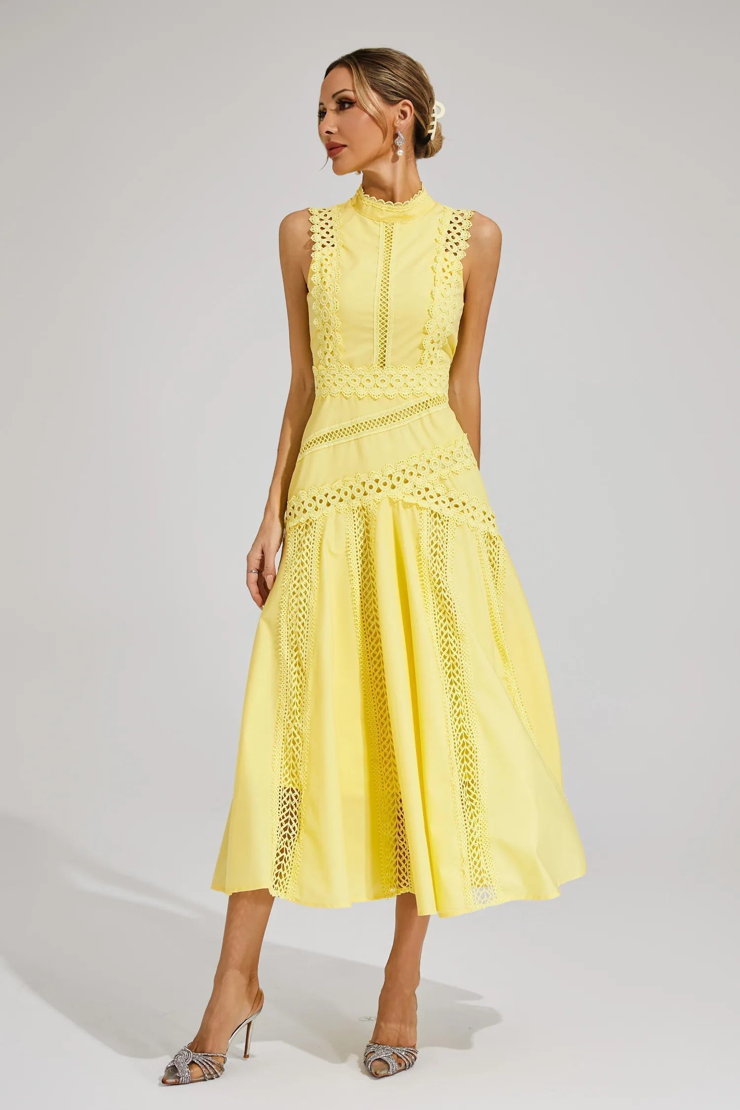 Vestido Midi de Encaje Sin Mangas para Mujeres, Invitada de Boda, Verano, Formal, Elegante, Estructurado, Diurno – Olivia