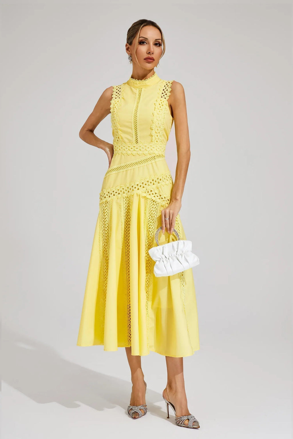 Vestido Midi de Encaje Sin Mangas para Mujeres, Invitada de Boda, Verano, Formal, Elegante, Estructurado, Diurno – Olivia