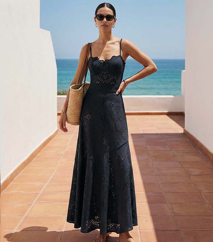 Conjunto de Traje de Baño de Una Pieza Negro con Corte Láser y Falda Larga con Escote en V para Vacaciones en la Playa, Resort, Fiesta en la Piscina y Crucero – Negro
