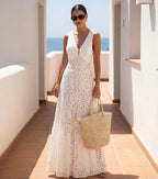Conjunto de traje de baño de una pieza con escote en V, corte láser y florales & falda larga para vacaciones en la playa, resort, fiesta en la piscina, crucero, luna de miel – Blanco