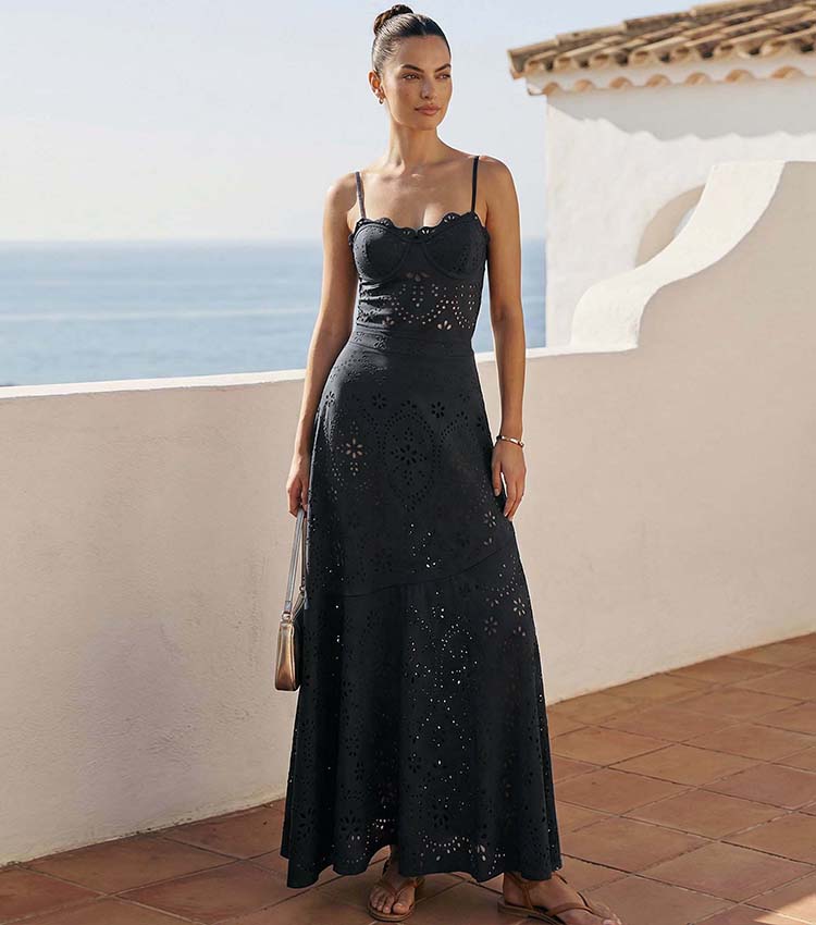 Conjunto de Traje de Baño de Una Pieza Negro con Corte Láser y Falda Larga con Escote en V para Vacaciones en la Playa, Resort, Fiesta en la Piscina y Crucero – Negro