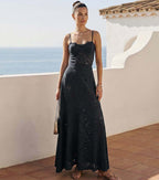 Conjunto de Traje de Baño de Una Pieza Negro con Corte Láser y Falda Larga con Escote en V para Vacaciones en la Playa, Resort, Fiesta en la Piscina y Crucero – Negro