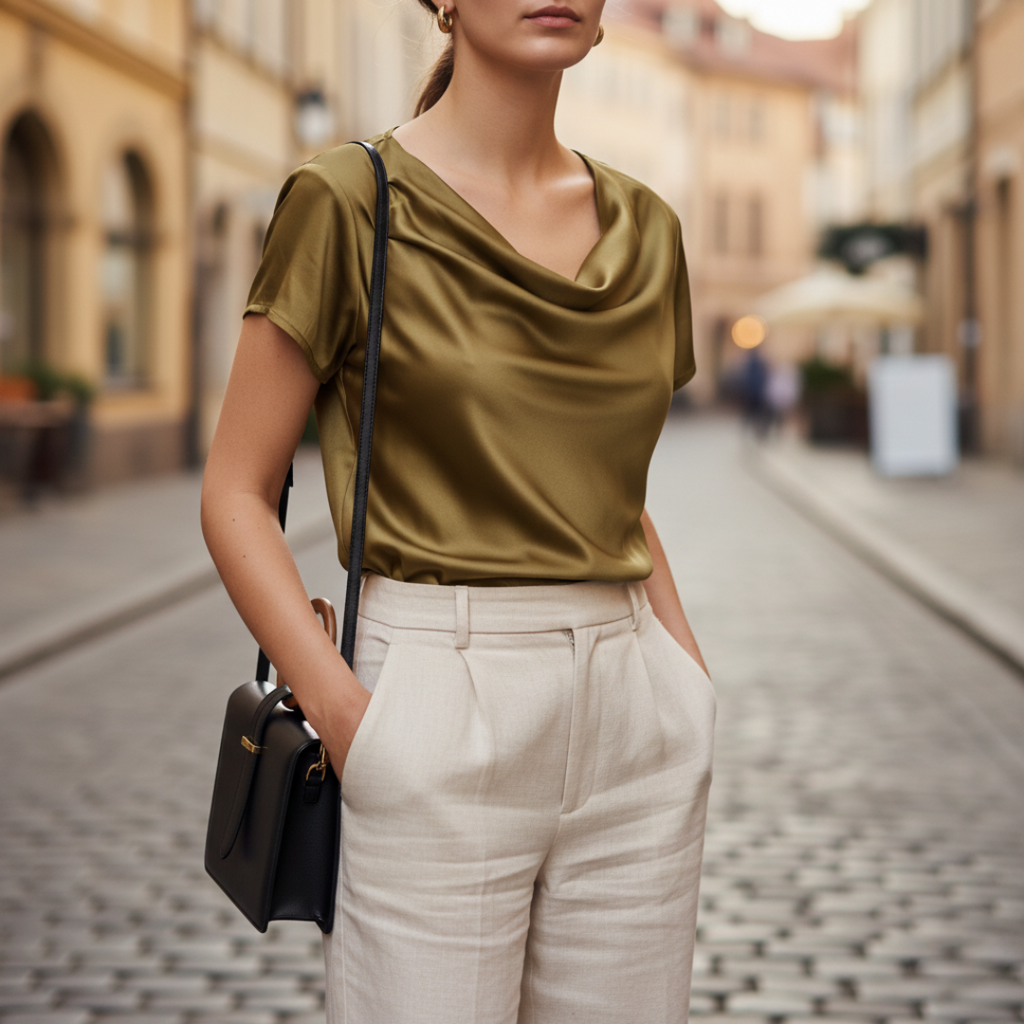 Blusa de Satén con Cuello de Cowl y Manga Corta para Mujer Elegante Casual de Trabajo Oficina Formal Noche Top Sedoso – Dorado Marino Negro