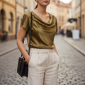Blusa de Satén con Cuello de Cowl y Manga Corta para Mujer Elegante Casual de Trabajo Oficina Formal Noche Top Sedoso – Dorado Marino Negro