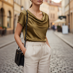 Blusa de Satén con Cuello de Cowl y Manga Corta para Mujer Elegante Casual de Trabajo Oficina Formal Noche Top Sedoso – Dorado Marino Negro