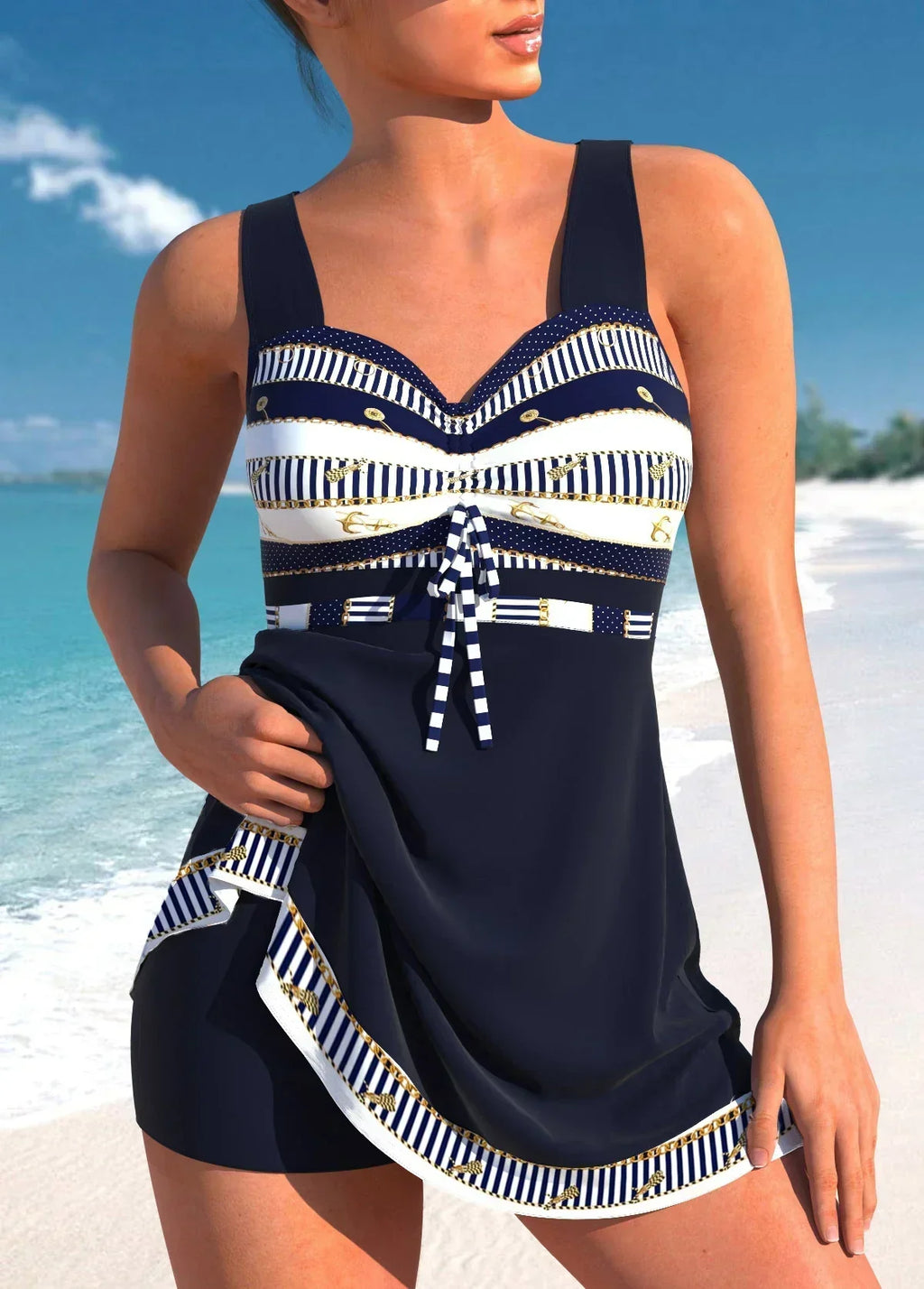 Bañador de Secado Rápido para Mujeres con Escote en Forma de Corazón, Tirantes Anchos y Falda Superpuesta, Nylon y Elastano, Estilo Playero